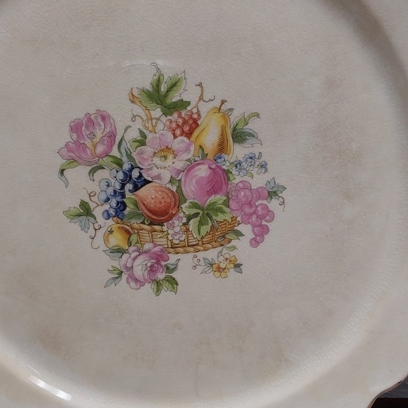 Vintage Bakerite Cake Plate 22K Gold Rim Fruits & Flowers - Picture 2 of 7